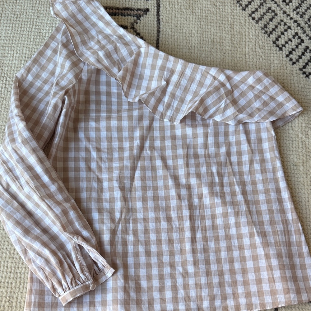 L'Academie Beige and White Checkered Gingham Blouse